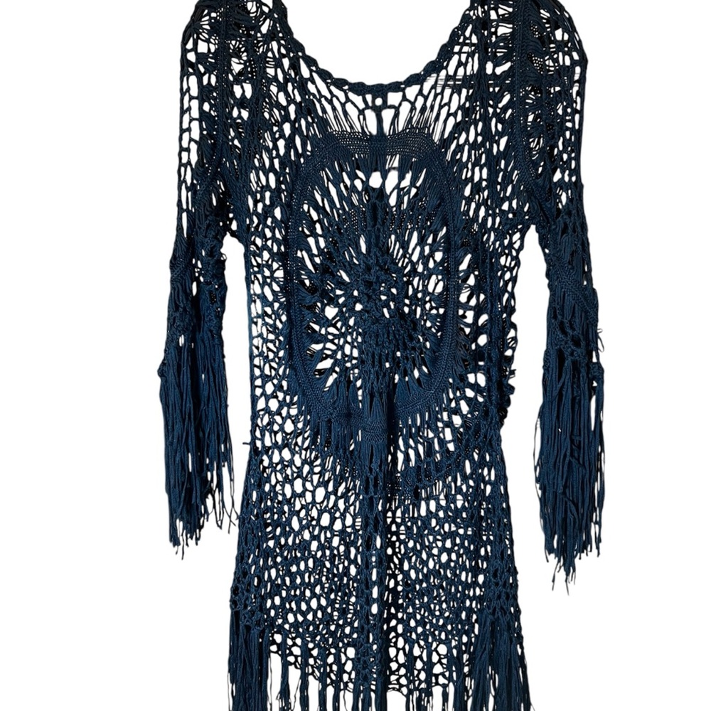 Asha Black Crochet Fringe Med Tunic Cover Up Boho Festival Top Witchy Whimsigoth - Picture 10 of 10
